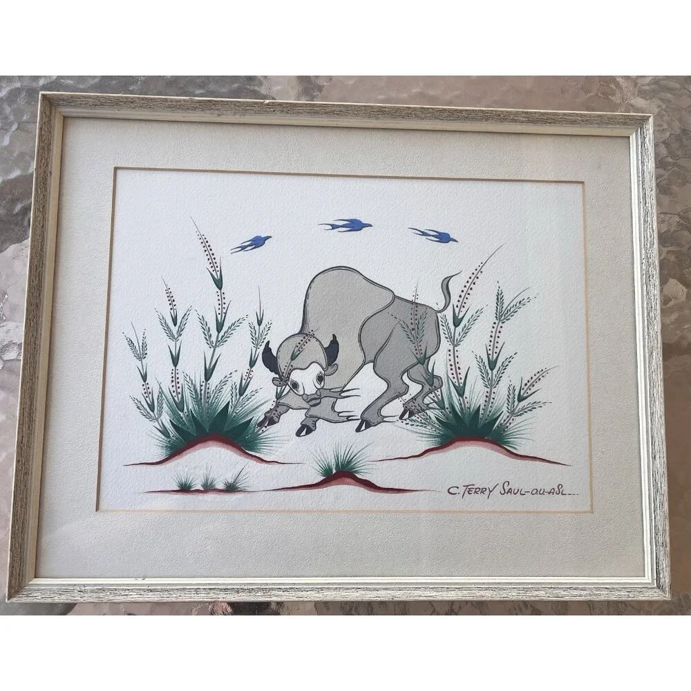 Native American Art Watercolor On Paper White Bison Artist Chief Carl Terry Saul